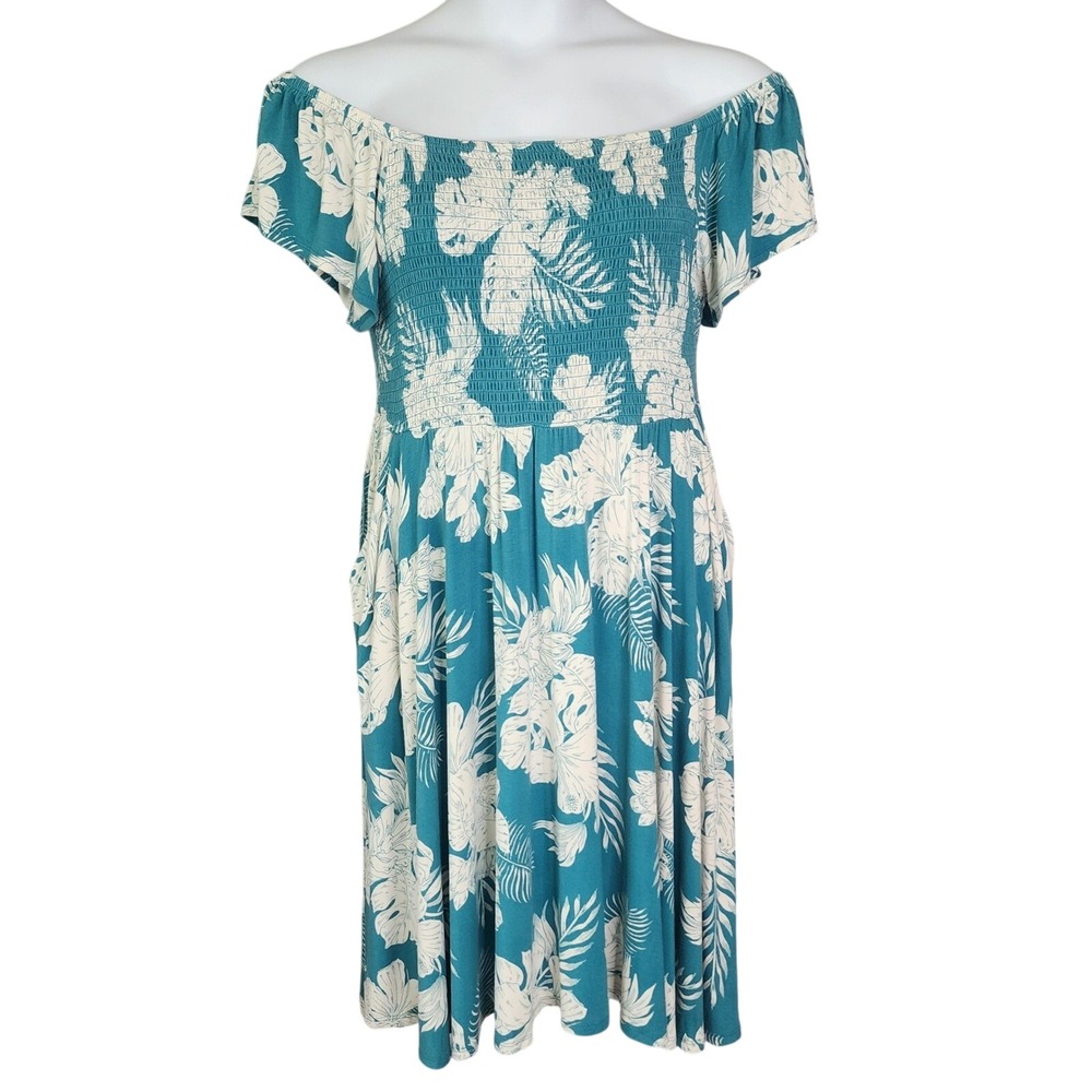 Torrid Dress Women 2 Teal White Tropical Dress Floral Smocked Off Shoulder Soft - Picture 1 of 9